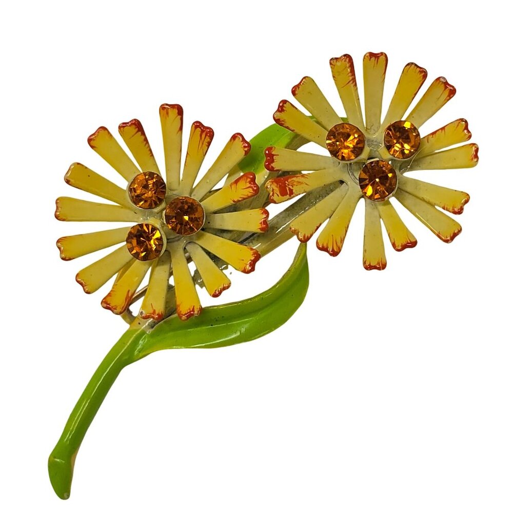 Vintage Daisy Brooch Yellow & Orange Enamel Rhinestone Flower Pin Retro Jewelry
